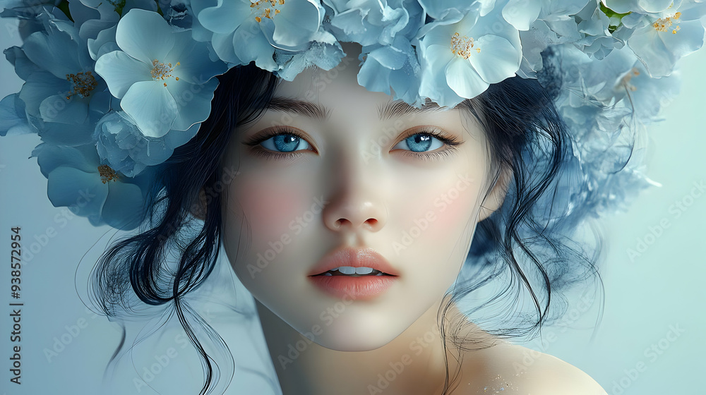 Canvas Prints Portrait of a young woman with blue flowers in her hair.