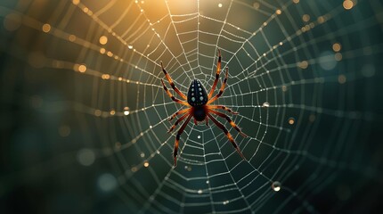 Intricate Spider Web with Dewdrops Glistening in Golden Light Creating Magical Halloween Atmosphere