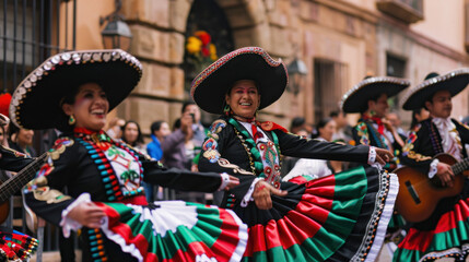 Fototapeta premium A group of people in traditional Mexican attire performing fiesta dances