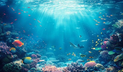 Tropical Underwater Scene with Corals, Fish, and Sea Life