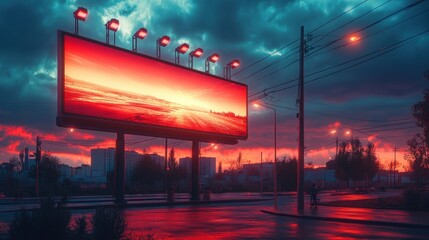 Cityscape Sunset Billboard Advertising Red Sky Nighttime