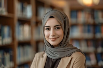 Smiling Arab Female Teacher in Hijab Standing in a Library