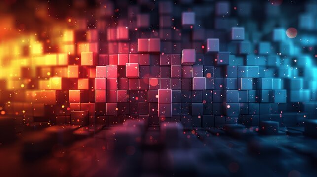 Colorful Pixel Square Abstract Background with Glowing Gradient Cubes