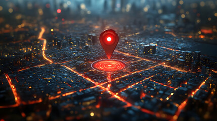 Red glowing location pin over a futuristic city at night.