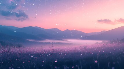  anime nature at sunset capturing a tranquil mountain meadow at dawn, the sky a gradient of pink and purple, and a gentle mist rising from the ground; cool and serene color temperature, cosmos lightin