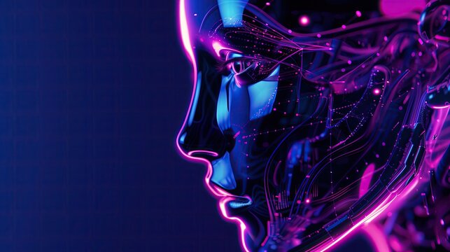 Futuristic 3D profile of human face with glowing neural connections in digital space.Artificial intelligence in the modern world.Free space