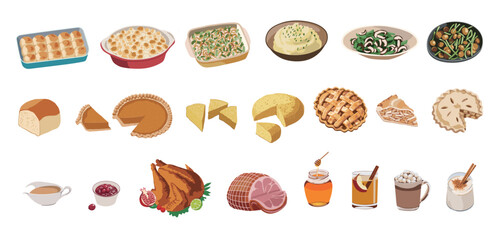 A set of Thanksgiving dinner illustrations