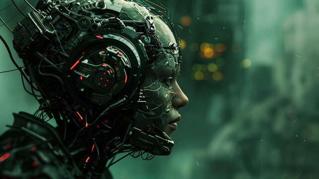 Futuristic 3D profile of human face with glowing neural connections in digital space.Artificial intelligence in the modern world.Free space