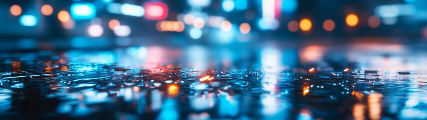 Futuristic city skyline reflection, neon lights shimmering in a puddle, vibrant colors blending, cyberpunk ambiance, urban landscape pulsating with energy and innovation.