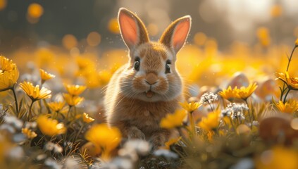 Cute Happy Easter Bunny Running in Meadow with Colorful Eggs and Spring Flowers