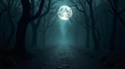 Fototapeta premium Spooky Moonlit Forest Path on Misty Halloween Night Creating Eerie Atmosphere