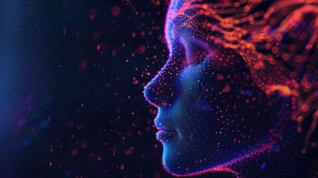 Futuristic 3D profile of human face with glowing neural connections in digital space.Artificial intelligence in the modern world.Free space