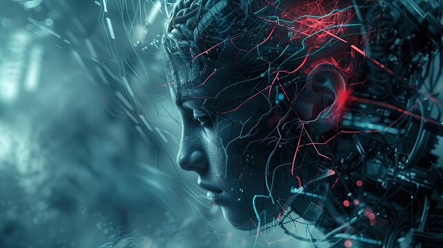 Futuristic 3D profile of human face with glowing neural connections in digital space.Artificial intelligence in the modern world.Free space
