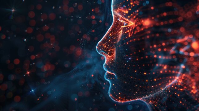 Futuristic 3D profile of human face with glowing neural connections in digital space.Artificial intelligence in the modern world.Free space
