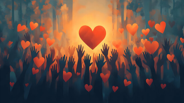 Silhouette of hands reaching up towards a heart in the sky, surrounded by hearts.