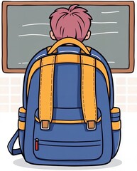 a cartoon boy with a backpack looking at a chalkboard.