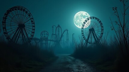 Abandoned Amusement Park with Eerie Ferris Wheels Silhouetted Against Full Moon on Halloween Night
