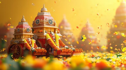 Obraz premium 34. Puri Rath Yatra, bright yellow background with chariots and idols, temple silhouettes and garlands scattered, spiritual and vibrant, 3D illustration