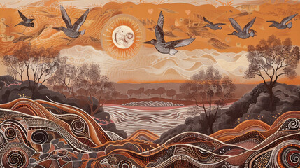 An Aboriginal dot painting depicting birds flying over water, with a native landscape