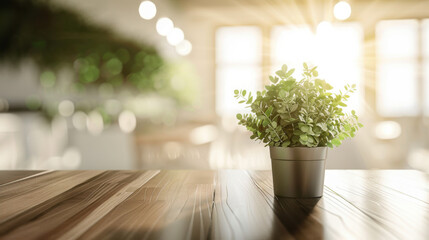 Blurred background of a table with a plant ontop