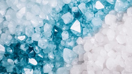 Blue and White Crystal Texture, a close-up view of sparkling blue and white crystals, creating a minimalist backdrop with a clean, simple aesthetic and ample negative space.