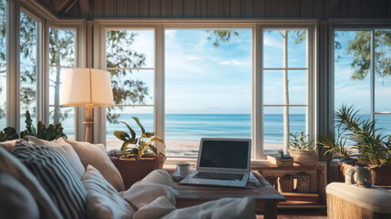 Fototapeta premium working remotely from a cozy beach cottage, with a laptop, coffee, and ocean view