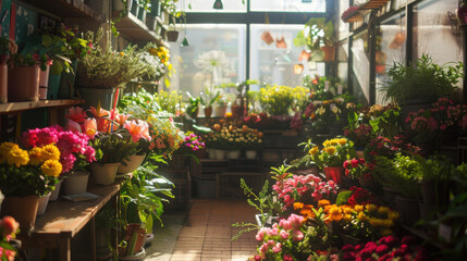 Obraz premium A cozy flower shop filled with bright and beautiful flowers, creating a warm and welcoming atmosphere.