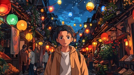 Obraz premium Anime illustration, anime landscape, boy in festive market