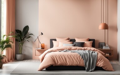 A comfy bedroom with a bed dressed in soft peach fuzz color bedding. Modern trendy tone hue shade