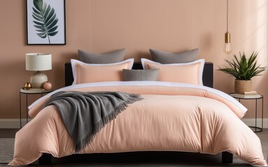 A comfy bedroom with a bed dressed in soft peach fuzz color bedding. Modern trendy tone hue shade