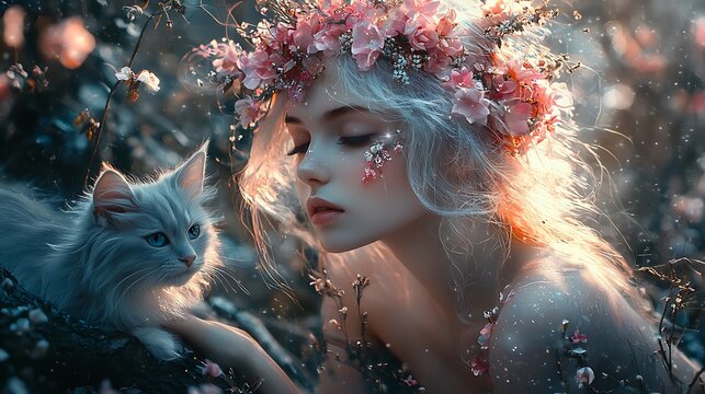 An enchanting fairytale scene features a woman wearing a floral crown, holding a white cat in a mystical forest.
