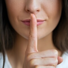 Silent Expression: Woman's Face with Direct Gaze and 'Shush' Pose
