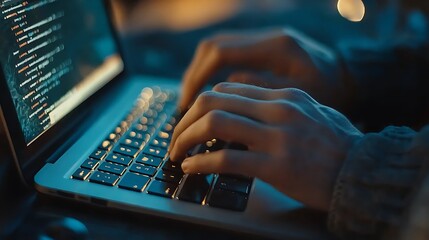 Male hands are typing on a laptop keyboard, a man works, develops a business, studies, plays a computer game at night