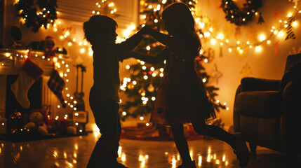 Two children dancing in the living room at Christmas, silhouette of a boy and girl against the tree lights