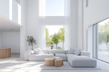 Fototapeta premium A large white living room with a couch, coffee table, and potted plants