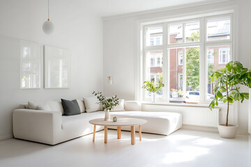 A white living room with a white couch, a coffee table, and a potted plant