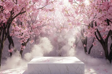 A white marble podium surrounded by cherry blossom trees, with light vapor and petals floating in the air, evoking a sense of spring and renewal