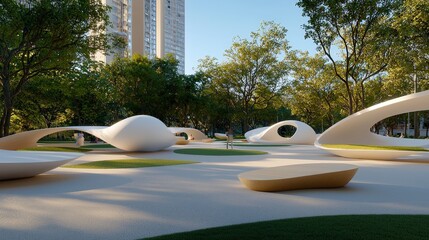 A public space with art installations and green spaces highlighting cultural and environmental enrichment