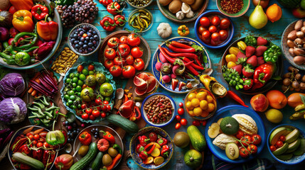 A delicious spread of colorful fruits and vegetables, artfully displayed and ready to eat.