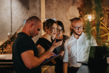 Fototapeta premium Group of young professionals collaborating indoors on a business project, discussing strategy and growth together.