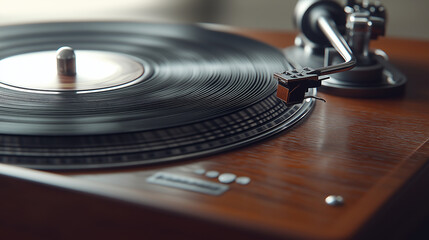 Obraz premium Close-Up of Vintage Vinyl Record Player with Detailed Needle Vinyl Texture and Polished Wood for Retro Music-Themed Projects