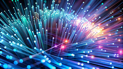 A close-up of fiber optic cables, with a focus on the bright blue lights and intricate, interconnected lines, symbolizing advanced telecommunications