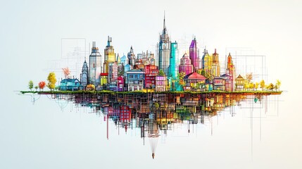 Obraz premium Vibrant city skyline illustration featuring colorful buildings and reflections on a serene background.