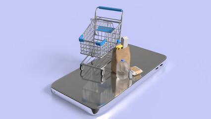 The product in paper bag on mobile phone for  food delivery or application concept 3d rendering.