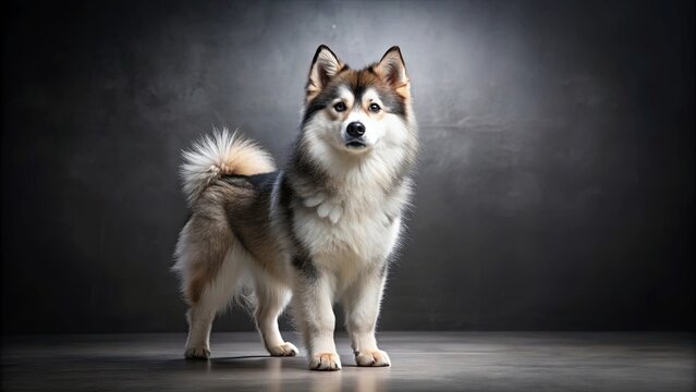 Pomsky dog standing in a studio setting, pomsky, dog, adorable, cute, fluffy, small, breed, hybrid, animal, pet