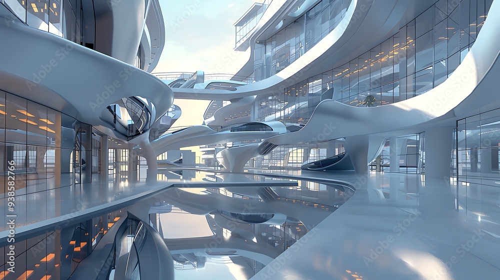 Wall mural glimpse into the future of architecture, showcasing a modern building with flowing lines and reflect