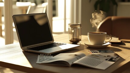 Fototapeta premium A coffee desk with a laptop, a steaming coffee cup, and a few magazines or a book on a modern wooden table.
