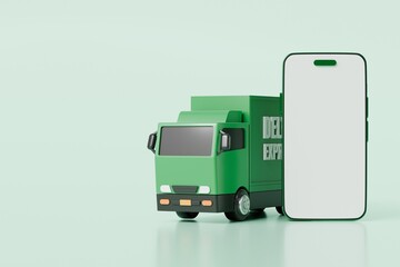3D Green Truck delivery car with mobile phone empty screen icon on isolated green background. Online shopping or E-commerce concept. Minimal cartoon truck logistic car. banner, copy space. 3d render.