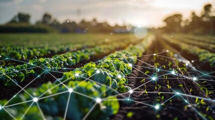 Field of crops connected by a network of glowing lines with representing smart technology for modern agriculture precision farming innovation and sustainable food production concept.