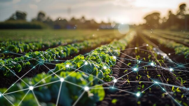 Field of crops connected by a network of glowing lines with representing smart technology for modern agriculture precision farming innovation and sustainable food production concept.